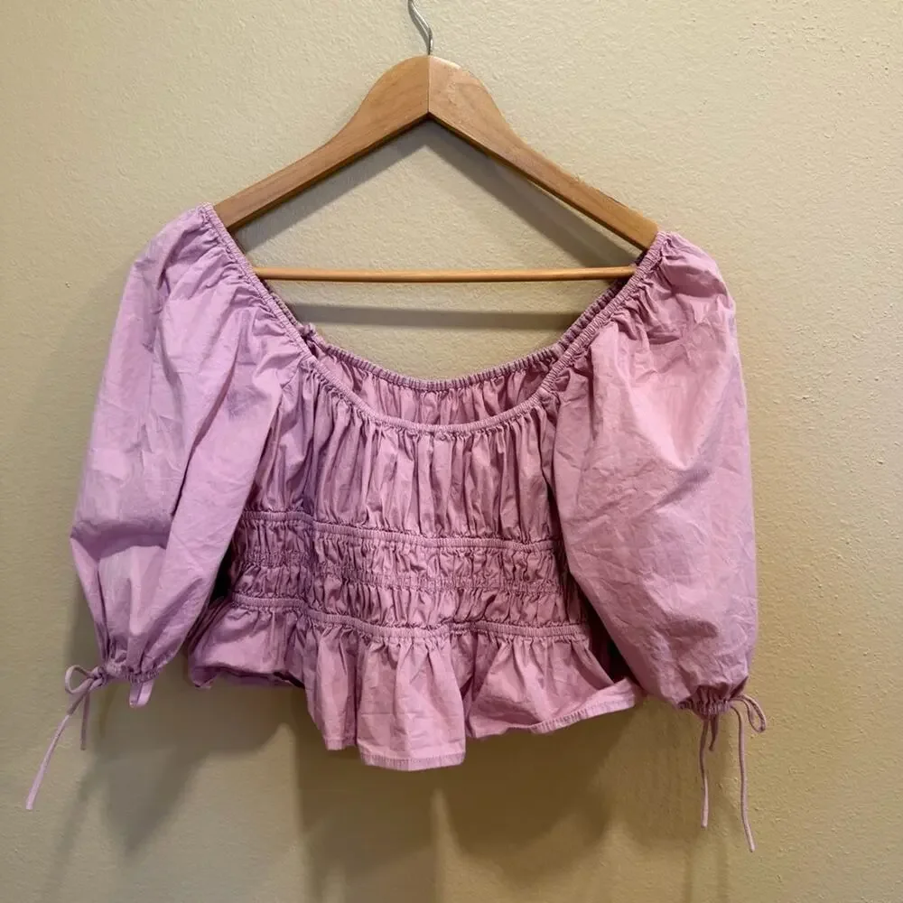 Staud Purple Smocked Sexy Sweetheart Crop Puff Sleeve Blouse Top 8